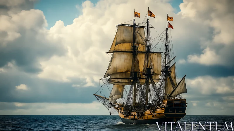 Baroque tall ship under full sail crosses a calm open sea