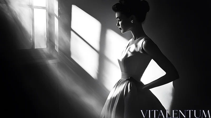 Elegant woman in light and shadow near window.