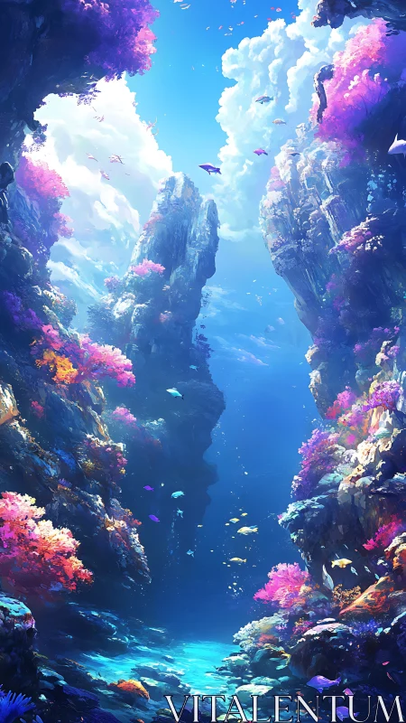 Dreamlike coral canyon beneath crystalline waterscape.