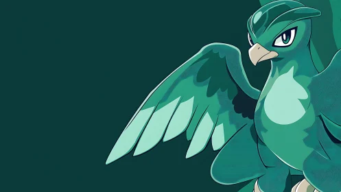 Stylized green hawk creature spreads wing on dark teal field