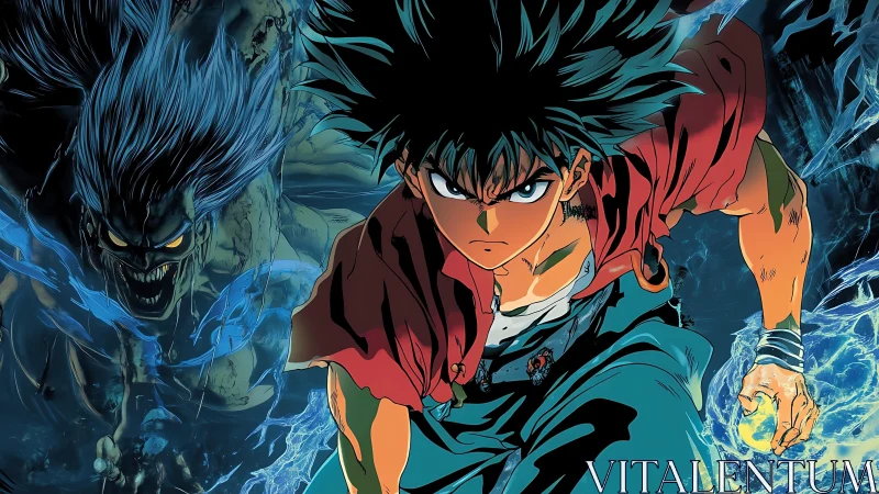 Anime fighter charging attack with spectral demon backdrop.