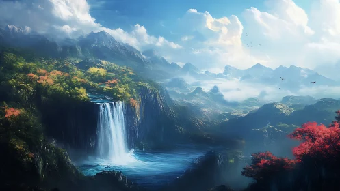 Cascading alpine waterfall framed by atmospheric, misty peaks