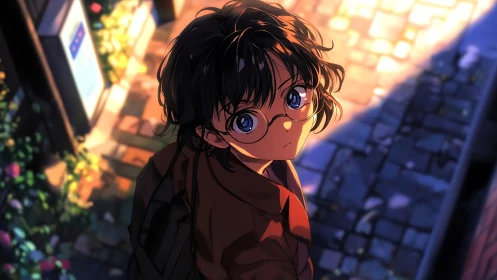 Young person with glasses on illuminated evening street.