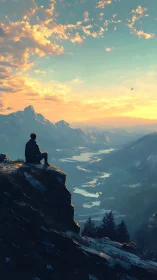 Solitary figure on alpine escarpment at luminous river sunset.