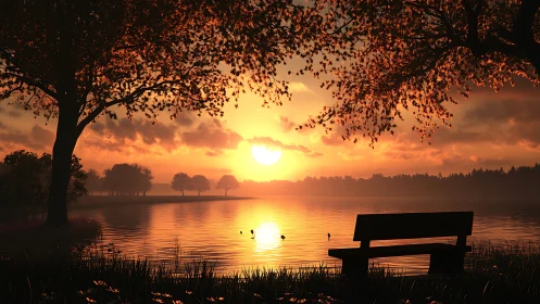 Bench faces low sun over calm reflective lake at sunset