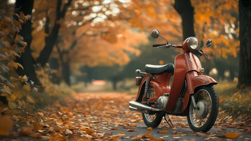 Crimson scooter waits in a golden tunnel of drifting autumn leaves.