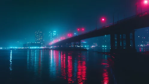Urban bridge spans river under neon lights at night
