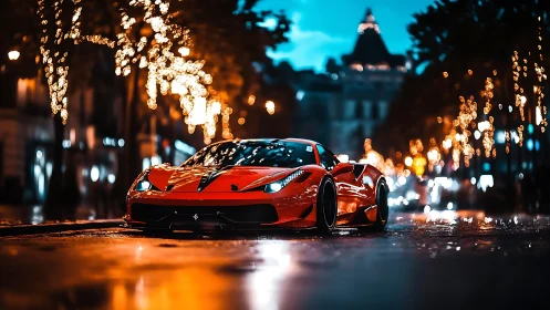 Photorealistic supercar at dusk with cinematic bokeh lighting.