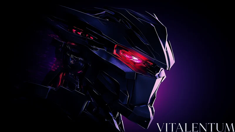 Cybernetic warrior head with glowing red visor profile.