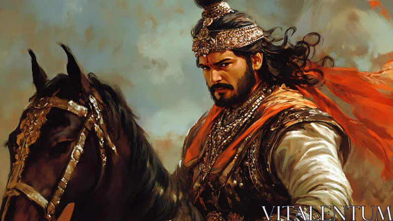 Armored cavalry commander in wind-swept digital regalia.