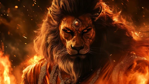 Blazing lion demigod staring through a storm of embers.