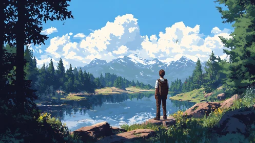 Wanderer pauses by mirror lake beneath roaming mountains.