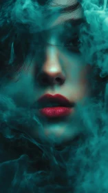 Moody close-up portrait with red lips and teal smoke.