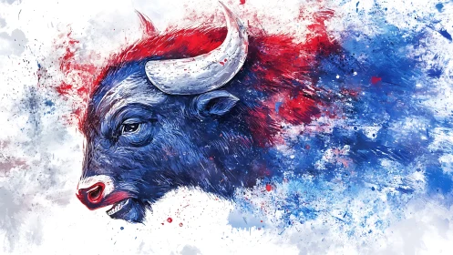 Storm-charged bison erupts in red and blue paintfire.