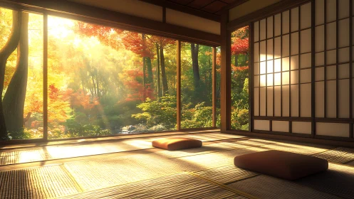 Photorealistic tatami room with autumn forest glazing view.