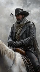 Weathered cowboy on horseback under stormy western sky.