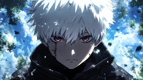 White haired anime warrior under shattered blue sky.