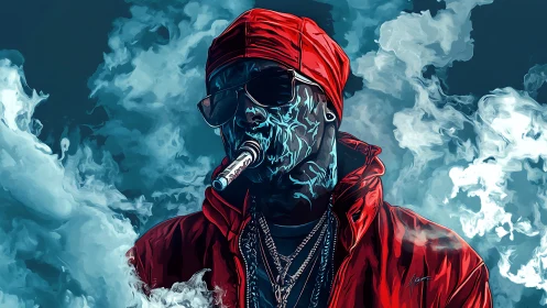 Hooded street figure exhales neon smoke in electric haze