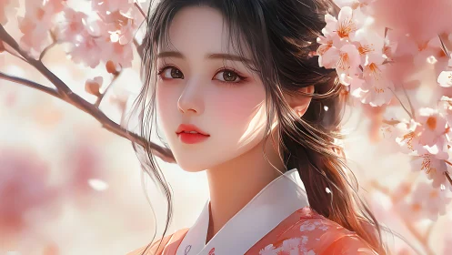 Gentle-eyed girl stands beneath glowing spring cherry blossoms