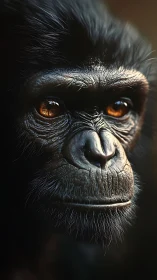 Quiet amber-eyed chimp portrait in gentle side light.