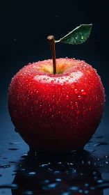 Glistening red apple with dewdrops against a cozy dark glow.