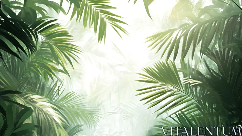 Dense tropical jungle foliage under bright hazy light.