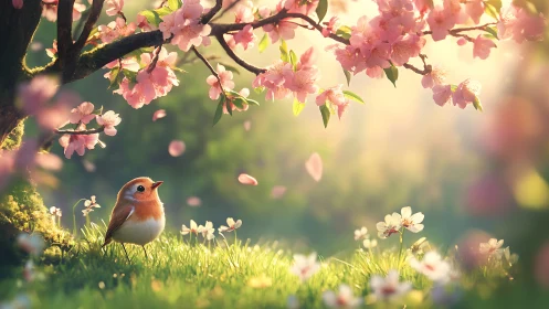 Tiny dawn troubadour beneath drifting cherry dreams.