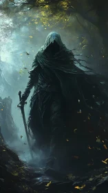 Hooded dark warrior walks through misty forest path.