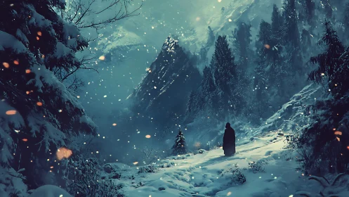Solitary cloaked figure in deep snowy mountain forest.