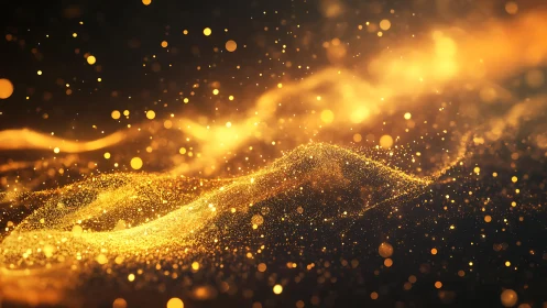 Abstract golden glitter waves in motion, glowing particles, digital art.