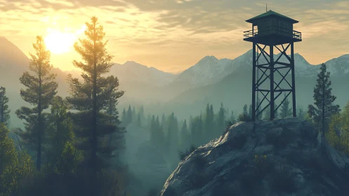 Sunlit mountain lookout tower above a misty forest valley.