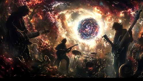 Cosmic metal band silhouettes perform before a swirling galactic vortex