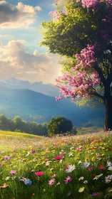 Digital painting of alpine wildflower meadow and blossom tree.