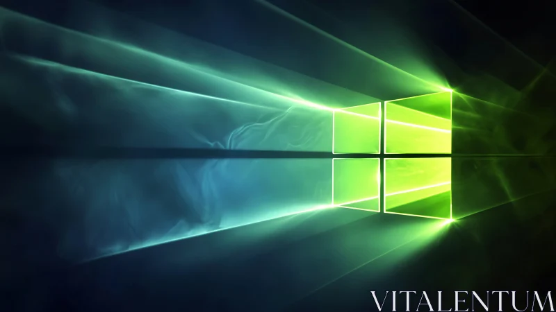 Windows logo glows with neon light beams on dark background