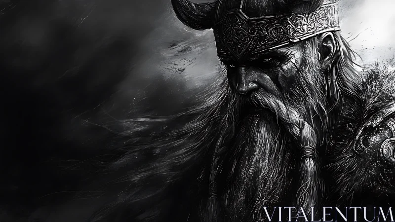 Storm‑scarred Viking warlord in monochrome digital chiaroscuro.