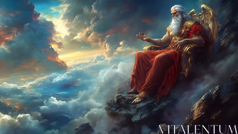 Sky throne deity seated above glowing clouds at sunset.