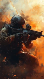 Armored futuristic soldier advances through fiery battlefield.