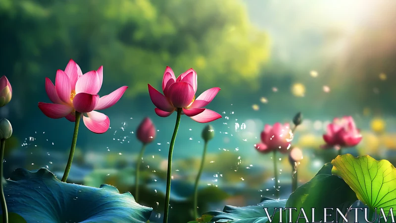 Digital rendering shows pink lotus flowers over pond water