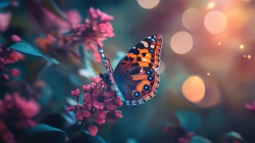 Butterfly rests on clustered blossoms under shallow depth of field