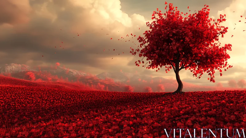 Scarlet dreamtree standing alone in a sea of burning leaves.