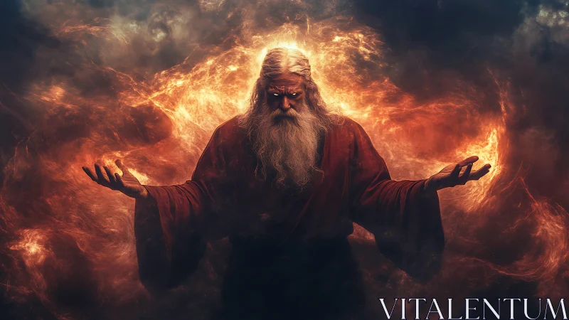 Elder fire mage conjures swirling inferno in dark void.