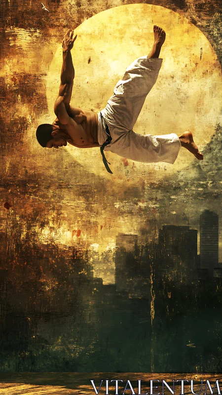 Martial artist mid-air kick against grunge sunlit skyline
