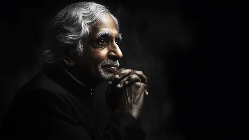 Gentle elder in quiet reflection against a soft dark glow.