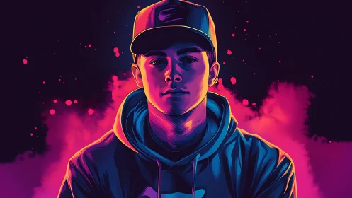 Digital portrait shows hooded figure in cap with neon lighting