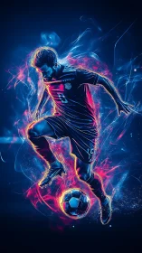 Electro-luminous soccer striker in neon motion capture field.