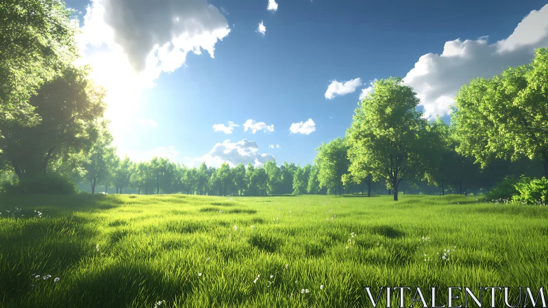 Sunlit meadow breathing under a chorus of bright clouds.