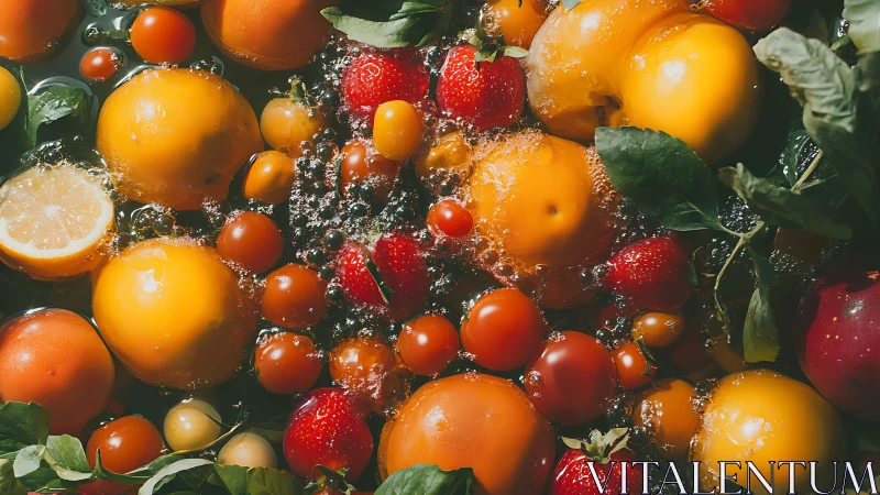High-contrast macro of tomatoes, strawberries and citrus in water