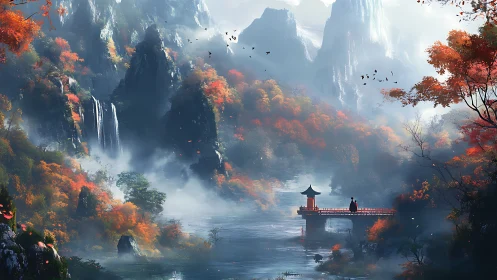 Autumn mist valley with red bridge and distant waterfalls.