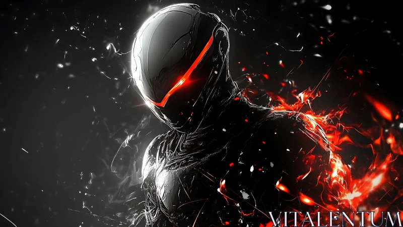 Cybernetic warrior silhouette with molten red energy burst.