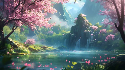 Cherry blossom valley with waterfalls and reflective lake.